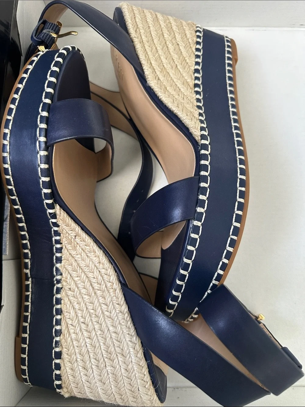 BRAND NEW! Ralph Lauren Navy Leather Espadrille Wedge Sandals